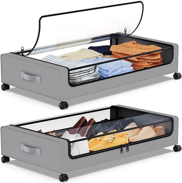 2 Pack UnderBed Storage with Wheels - Large Under Bed Storage with Clear Lid, Underbed Rolling Storage Containers for Shoes, Clothes, Blankets, Books, Toys (Grey-A)
