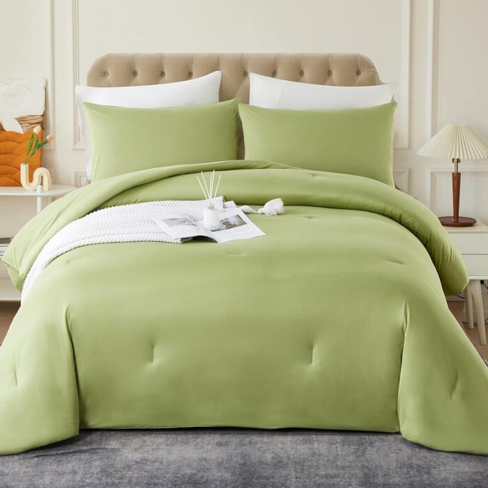 Twin Comforter Set, 4 Pieces All Season Bedding Sets, Soft Bed Set with 1 Down Alternative Duvet Insert 68×90", 2 Pillow Cases & 1 Deep Pocket Fitted Sheet (Twin/Twin XL, Avocado Green)