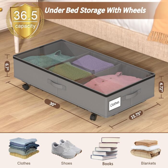 Under Bed Storage with Wheels - 2Pack Under Bed Storage Containers with Clear Lid and Handles, The Underbed Storage Bins Perfect for Under Bed Shoe Storage, Great Under Bed Drawers - Image 2