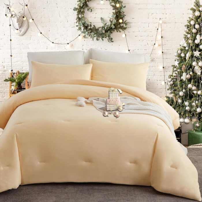 Twin Comforter Set, 4 Pieces Soft Bedding Sets for All Seasons, Bed Set with 1 Down Alternative Duvet Insert 68×90 Inches, 2 Pillowcases and 1 Fitted Sheet (Twin/Twin XL Size, Cream)