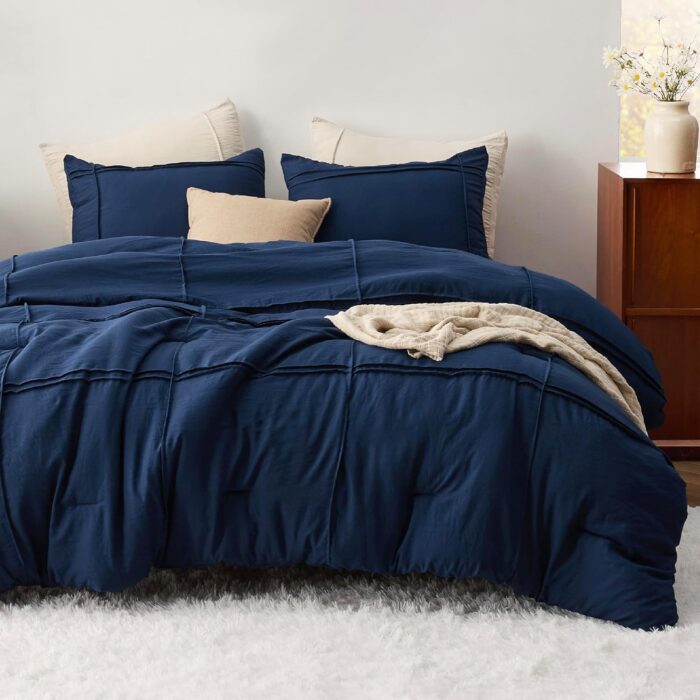 Queen Comforter Set with Sheet - 4 Pieces Soft Navy Blue Bedding Sets, Grid Pinch Pleat, All Season Lightweight Fluffy Bed Set with Solid Boho Comforter, Pillowcases & Sheet - Image 2