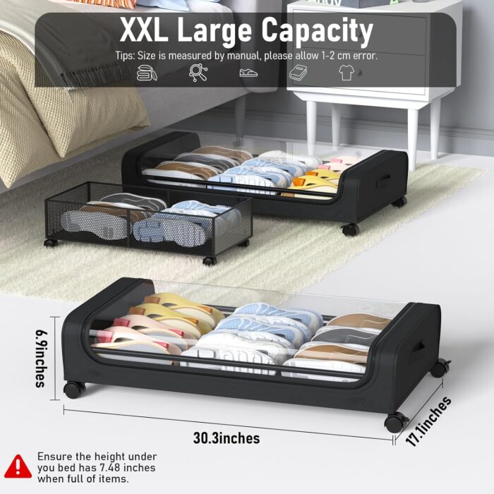 Under Bed Storage with Wheels and Lid, Under Bed Rolling Storage with XXL Large Capacity, Under the Bed Storage for Bedroom Under Bed Storage Containers for Clothes Shoe Blanket Toy Book by,2Pack - Image 2