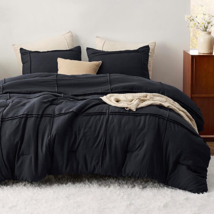 Queen Comforter Set with Sheet - 4 Pieces Soft Black Bedding Sets, Grid Pinch Pleat, All Season Lightweight Fluffy Bed Set with Solid Boho Comforter, Pillowcases & Sheet - Image 2