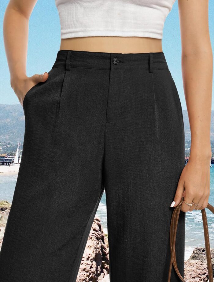 Womens Casual Wide Leg Pants High Waisted Button Down Straight Long Trousers  Pants - Image 2