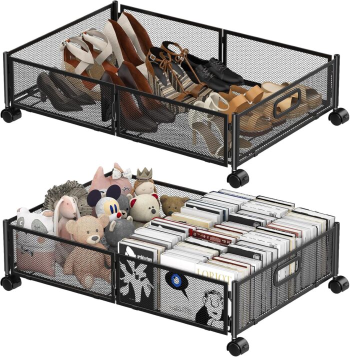 Under Bed Storage Containers,2 Pack Foldable Underbed Storage Containers with Handles and Wheels,Folding Bed Shoes Clothes Organizer,Easy Assembly Underbed Storage for Toy ,Bedding,Bedroom(Black)