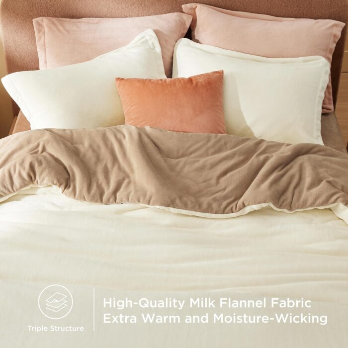 Soft Fluffy King Comforter Set, Cozy Warm Beige Bedding Set Anti-Static, 4 Pieces Plush Winter Bed Set with Comforter, Fitted Sheet, Pillow Shams - Image 2
